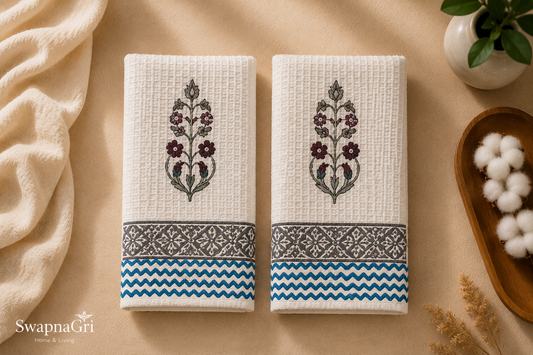 Indigo Bloom Hand Block Printed Waffle Towel Set by SwapnaGri
