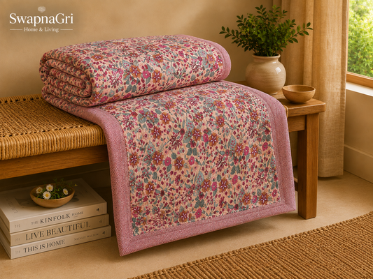 Pink floral cotton dohar draped over a wooden chair