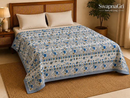 SwapnaGri blue floral cotton dohar folded and displayed