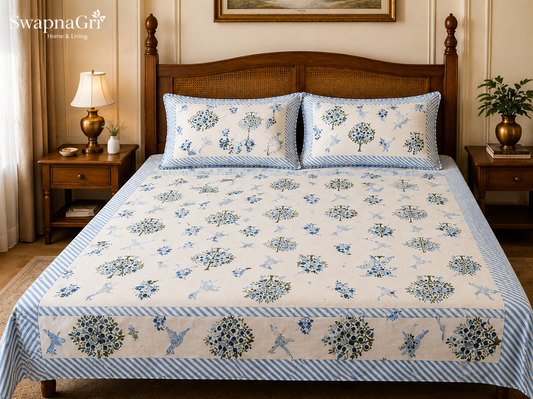 SwapnaGri blue floral and bird print cotton super king bedsheet set on bed