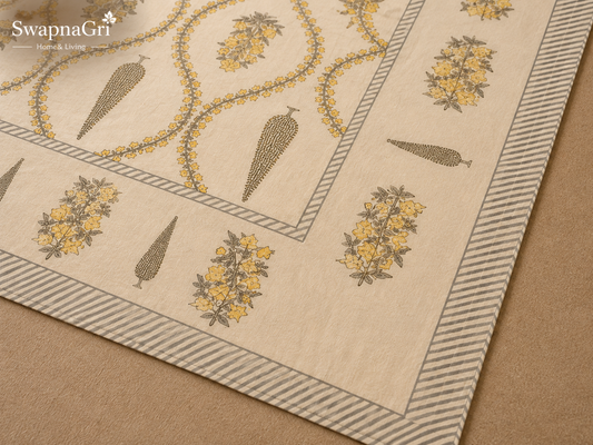 SwapnaGri cream mustard floral cotton super king bedsheet set on bed