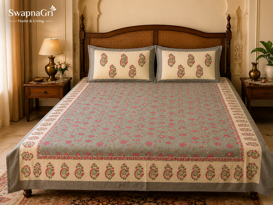 SwapnaGri grey and pink paisley floral cotton super king bedsheet set on a styled bed