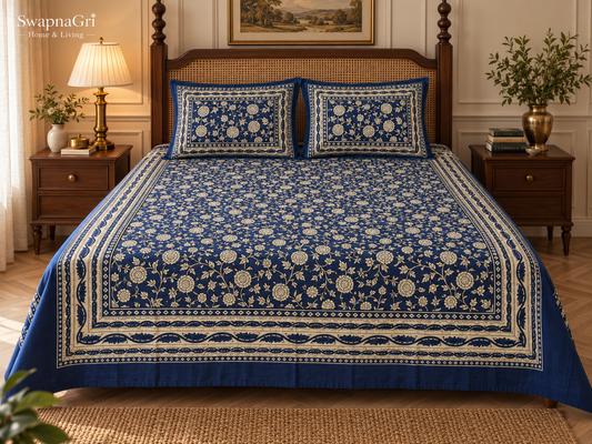 SwapnaGri Navy Ivory Floral cotton bedsheet detailed floral pattern