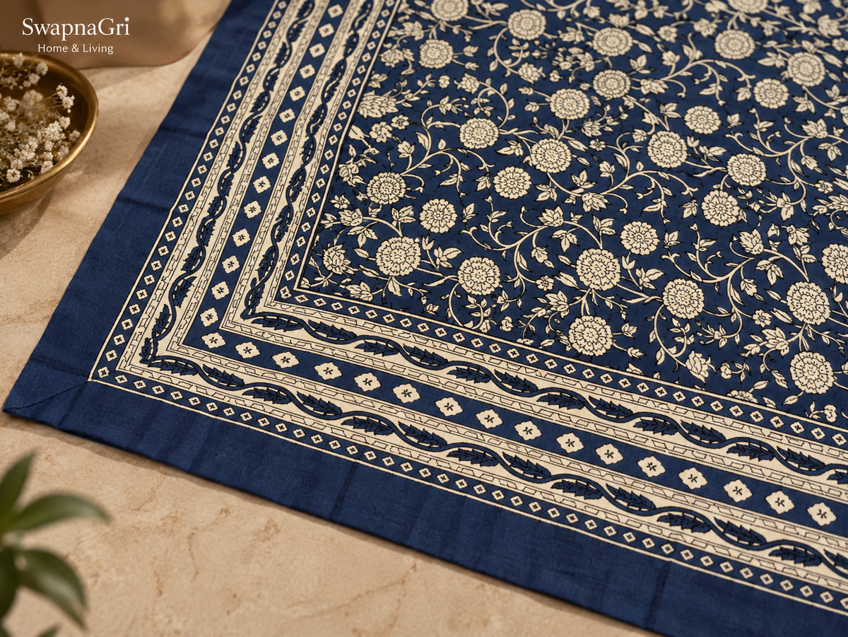 SwapnaGri Navy Ivory Floral cotton bedsheet matching pillow covers