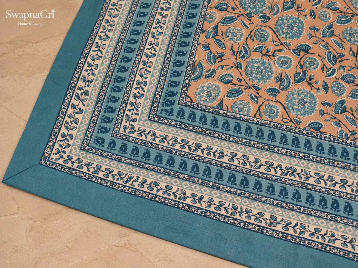 Close-up of SwapnaGri Peach & Teal Floral cotton bedsheet matching pillow covers