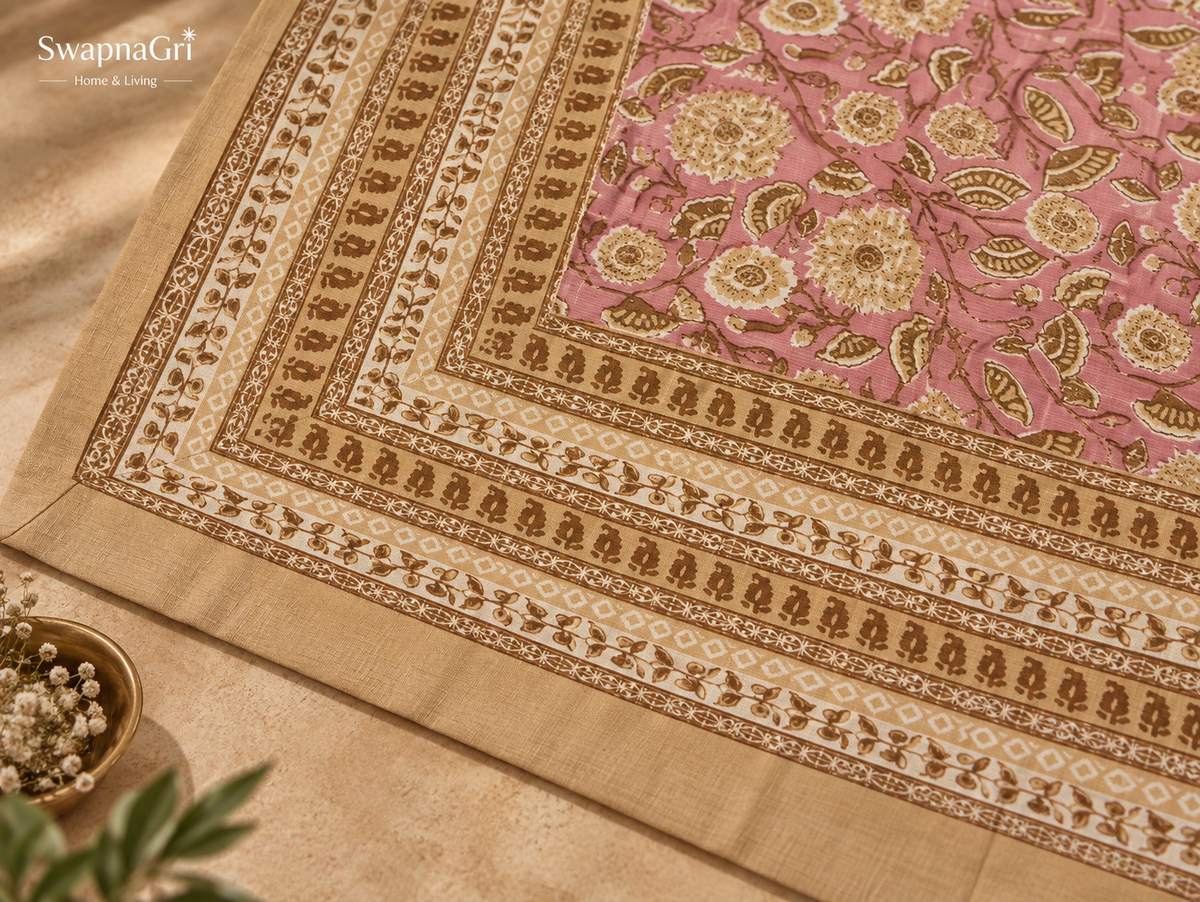 Close-up of SwapnaGri Pink Beige Floral cotton bedsheet print and fabric