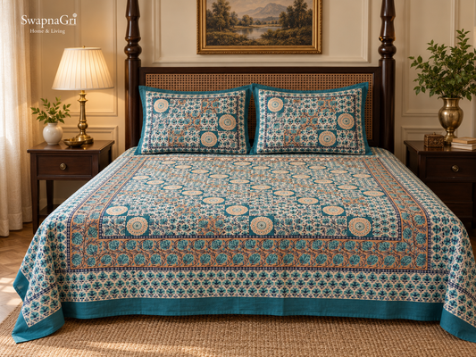 Close-up of SwapnaGri Teal Blue Patchwork Floral cotton bedsheet fabric and print