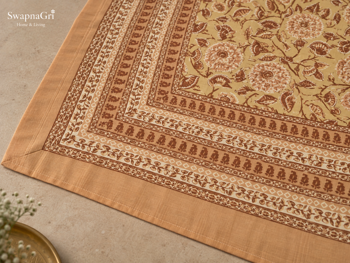Close-up of SwapnaGri Warm Beige Brown Floral cotton bedsheet print and fabric