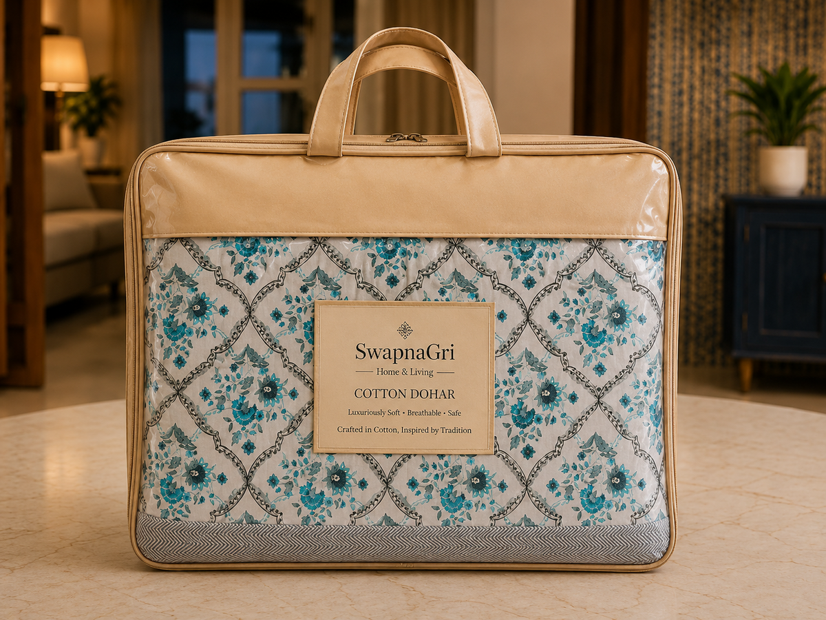 SwapnaGri Tea Blue Floral Cotton Double Dohar with carry bag