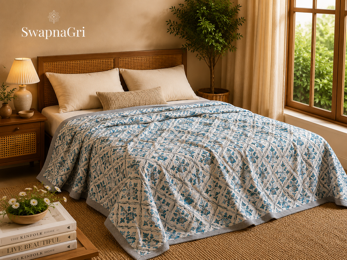 SwapnaGri cotton dohar collection banner featuring a blue floral dohar on a bed