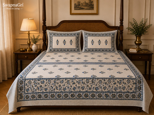 Cream & Blue Floral Cotton Bedsheet