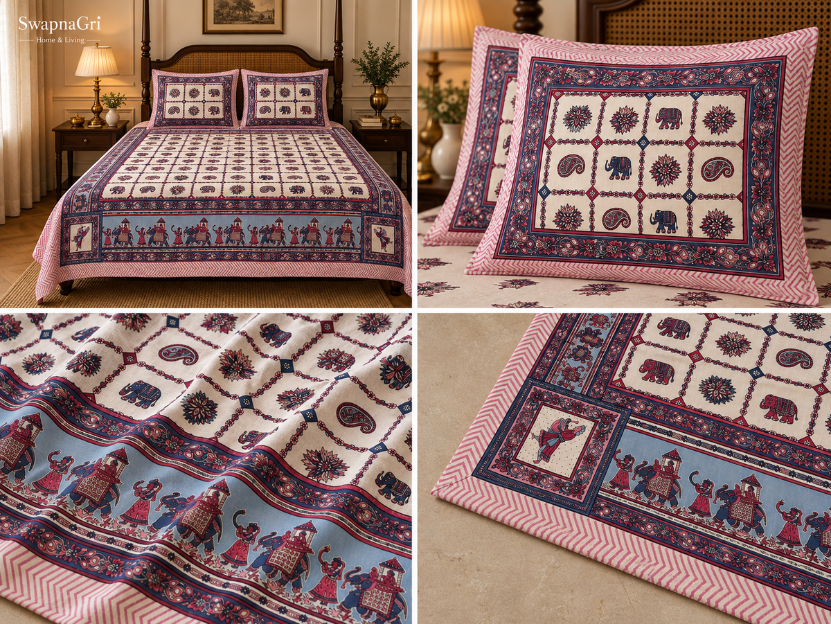 Pink & Blue Cotton Bedsheet