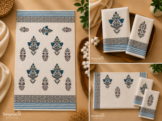 Indigo Bloom – Hand Block Printed Waffle Towel Set