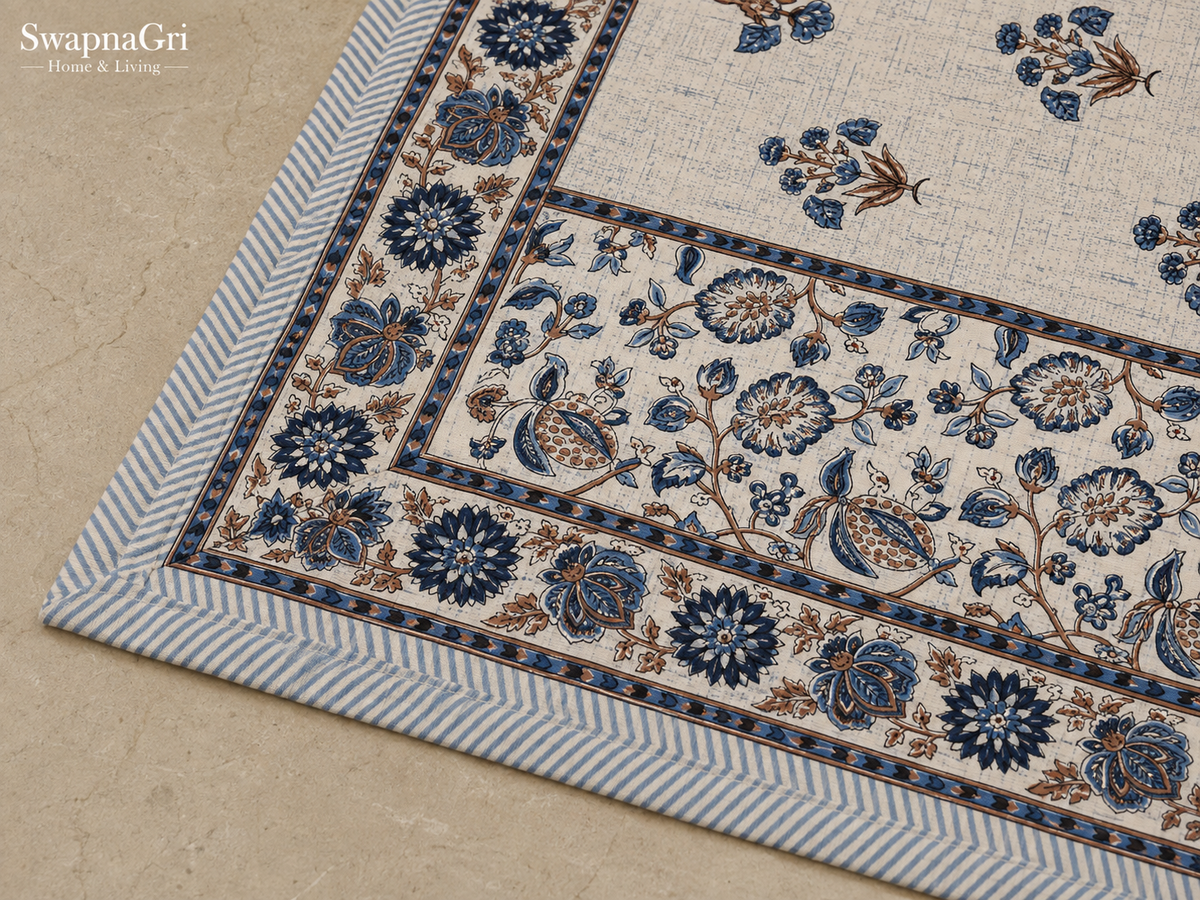 SwapnaGri Blue Floral Cotton Bedsheet border and printed fabric detail