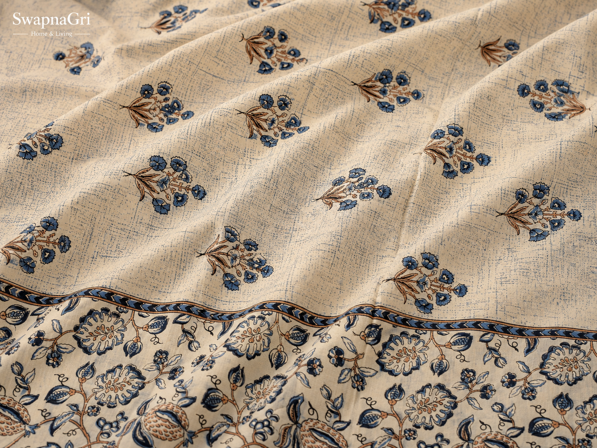 Close-up of SwapnaGri Blue Floral Queen Size Cotton Bedsheet print and fabric texture