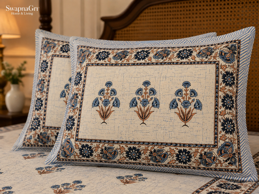 Close-up of SwapnaGri Blue Floral Cotton Bedsheet matching pillow covers