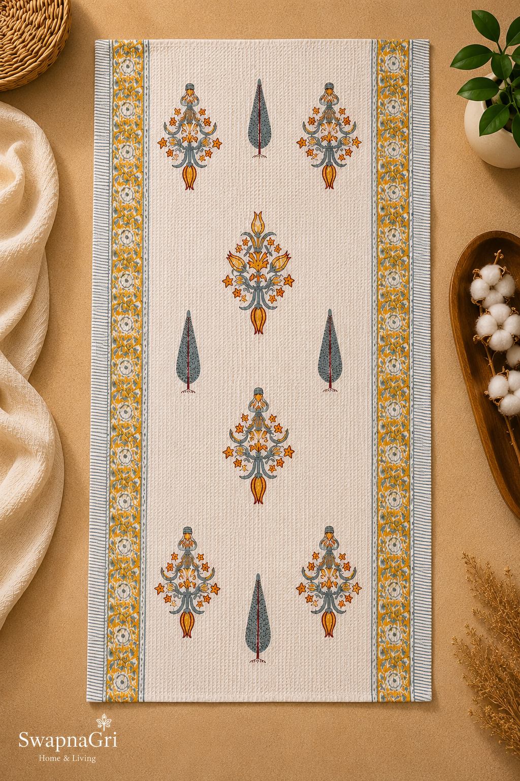 Saffron Royale full bath towel with botanical motifs
