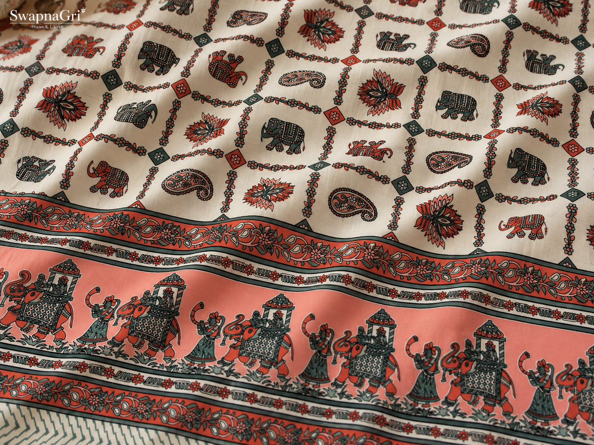 Close-up of green floral printed cotton bedsheet fabric and decorative border