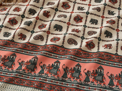 Close-up of green floral printed cotton bedsheet fabric and decorative border