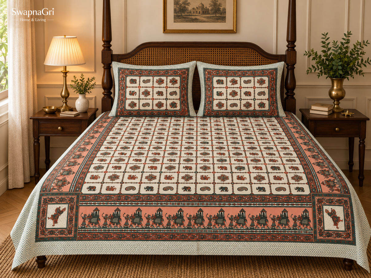Green floral printed queen-size cotton bedsheet styled in an elegant bedroom