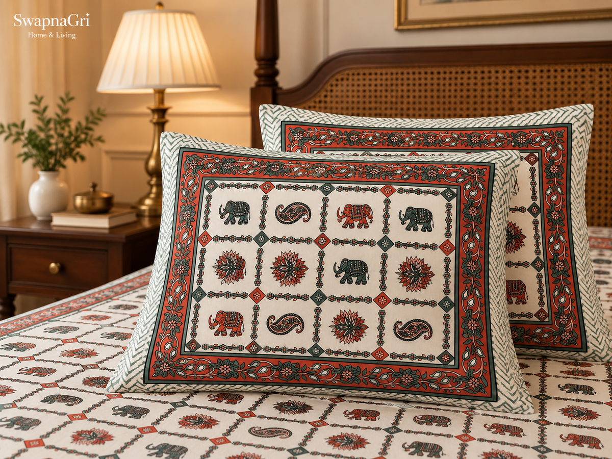 Matching green floral printed pillow covers with traditional motifs