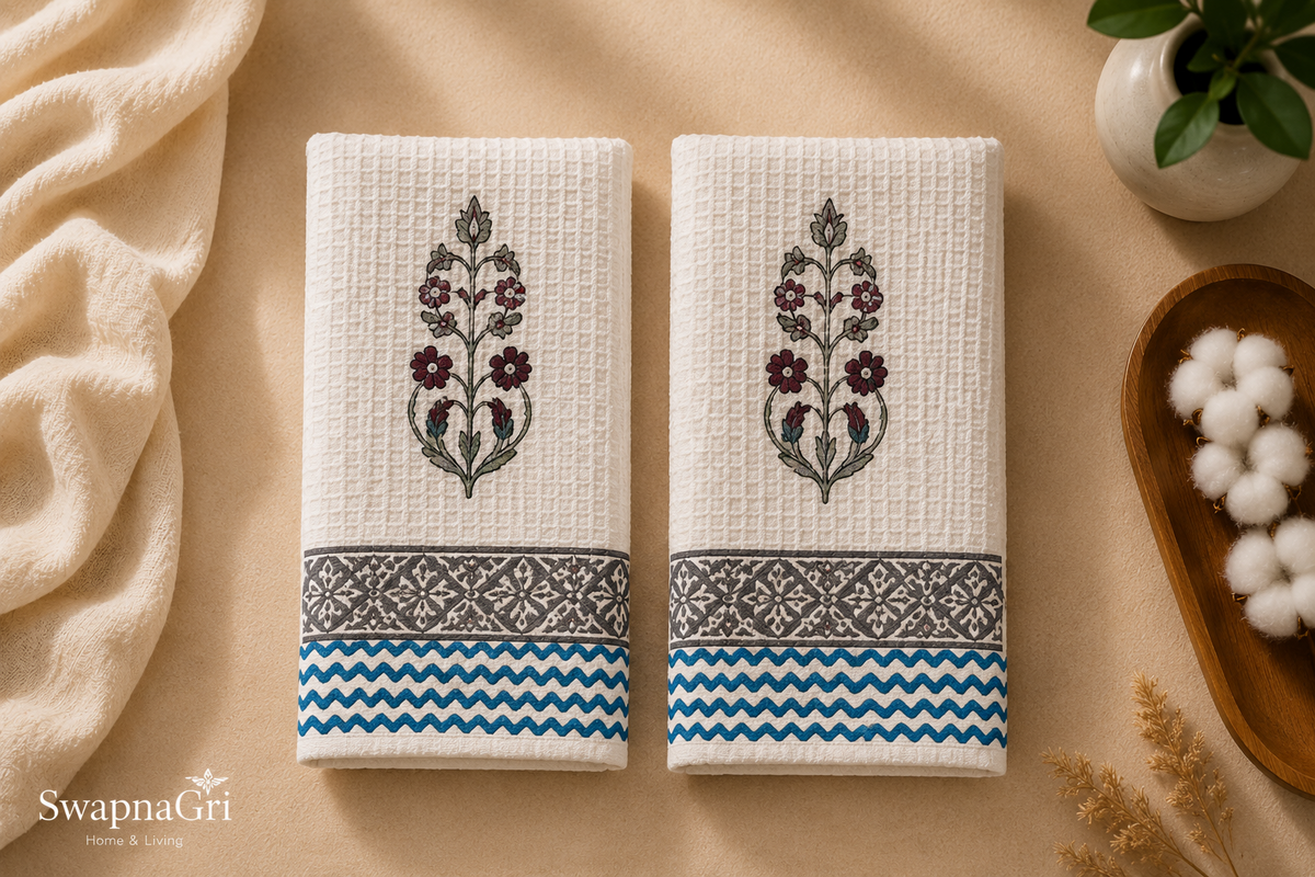Indigo Bloom Hand Block Printed Waffle Towel Set by SwapnaGri