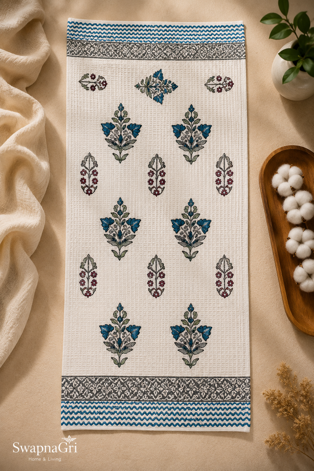Indigo Bloom floral waffle bath towel by SwapnaGri