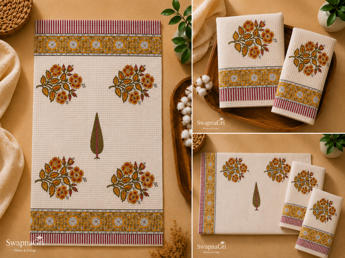 Marigold Meadow – Hand Block Printed Waffle Towel Set