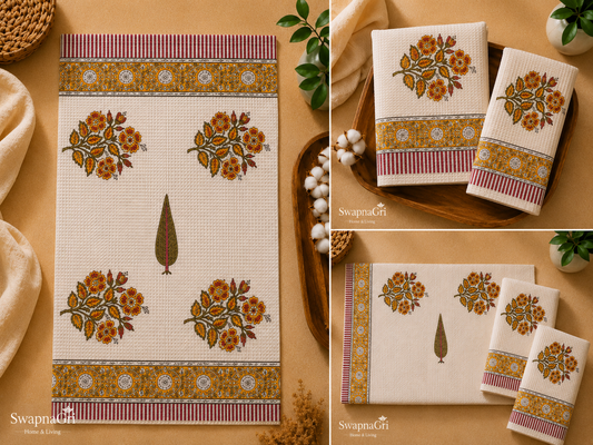 Marigold Meadow – Hand Block Printed Waffle Towel Set