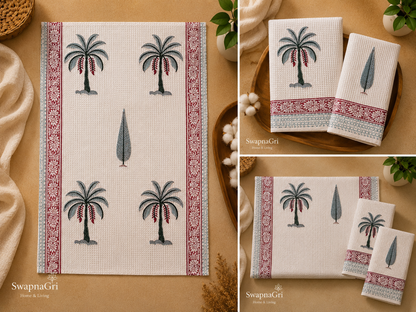 Palm Breeze Hand Block Printed Waffle Towel Set