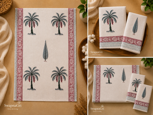 Palm Breeze Hand Block Printed Waffle Towel Set