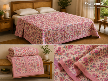 SwapnaGri pink floral cotton dohar on a bed