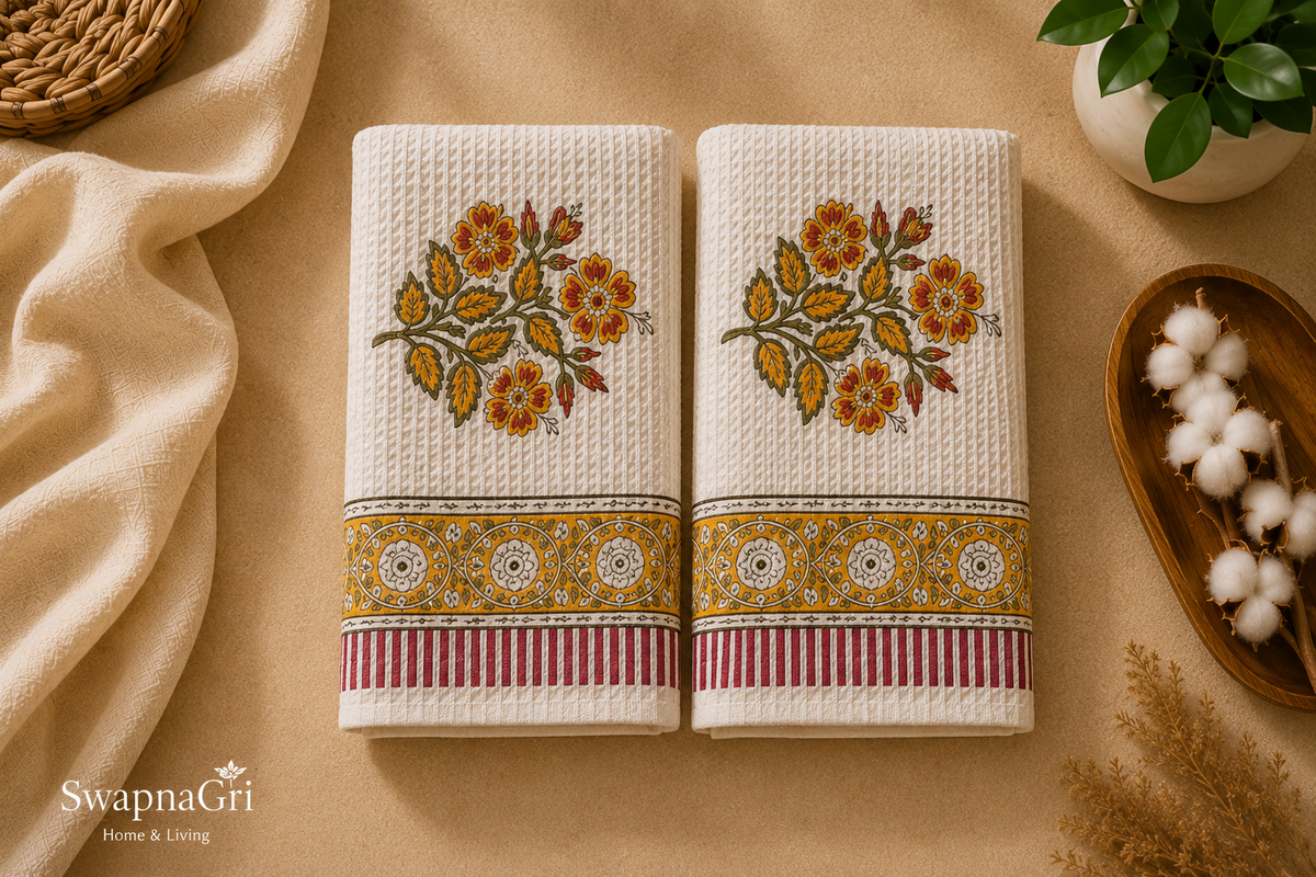 Marigold Meadow Hand Block Printed Waffle Towel Set by SwapnaGri
