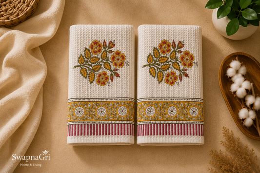 Marigold Meadow Hand Block Printed Waffle Towel Set by SwapnaGri