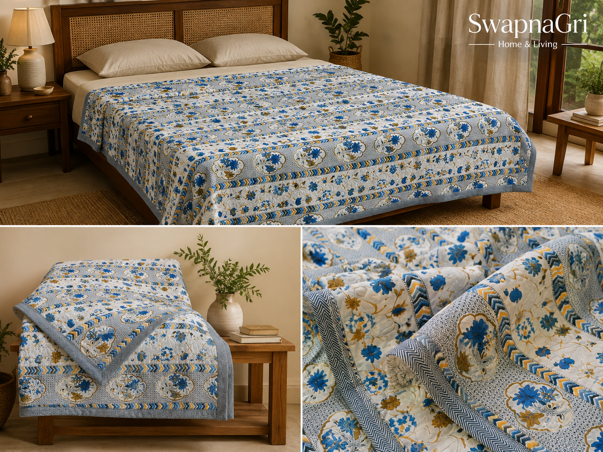SwapnaGri blue floral cotton dohar on bed