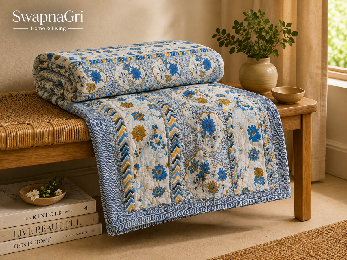 SwapnaGri blue floral cotton dohar close-up texture