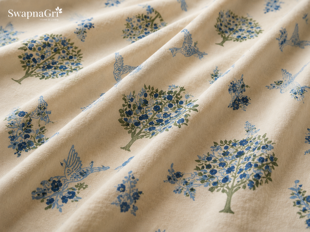 Close-up of blue floral and bird print cotton fabric texture