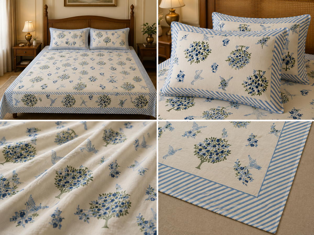 SwapnaGri blue floral and bird print cotton super king bedsheet product collage