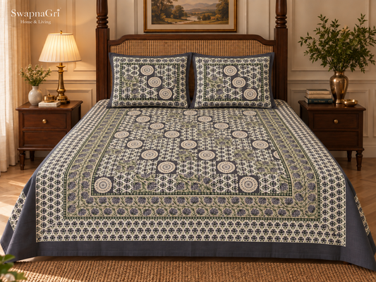 SwapnaGri Charcoal Green Floral cotton bedsheet detailed pattern and matching pillow covers