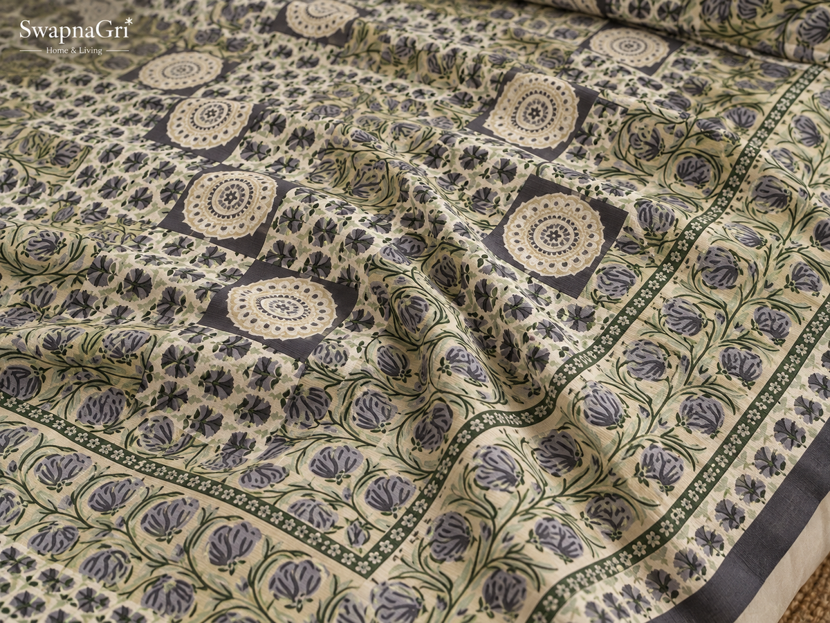 Close-up of SwapnaGri Charcoal Green Floral cotton bedsheet print and fabric