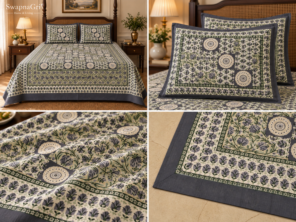 SwapnaGri Charcoal Green Floral Cotton King-Size Bedsheet with matching pillow covers