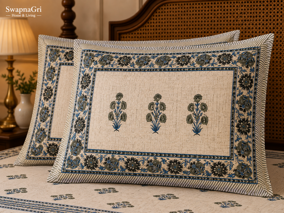SwapnaGri cream and blue floral queen-size cotton bedsheet border and print detail