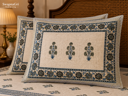 SwapnaGri cream and blue floral queen-size cotton bedsheet border and print detail