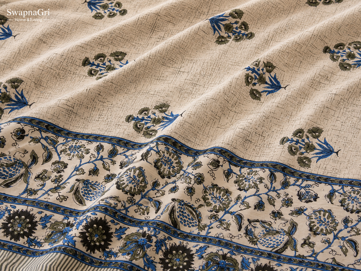 Close-up of SwapnaGri cream and blue floral queen-size cotton bedsheet print and fabric texture