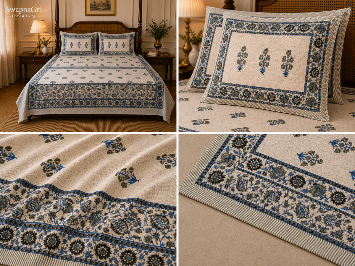 SwapnaGri cream and blue floral queen-size cotton bedsheet 90 × 108 inches with two matching pillow covers