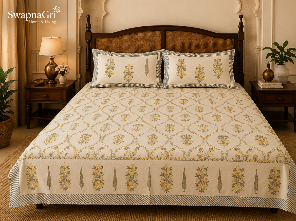 Close-up of SwapnaGri cream floral pillow covers and bedsheet
