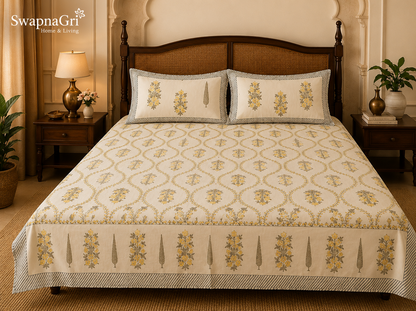 Close-up of SwapnaGri cream floral pillow covers and bedsheet