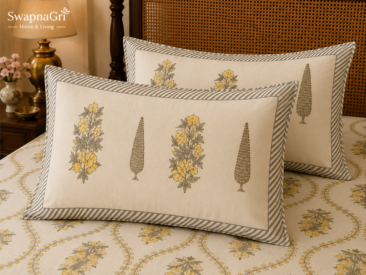 Close-up of cream cotton bedsheet fabric with mustard floral print