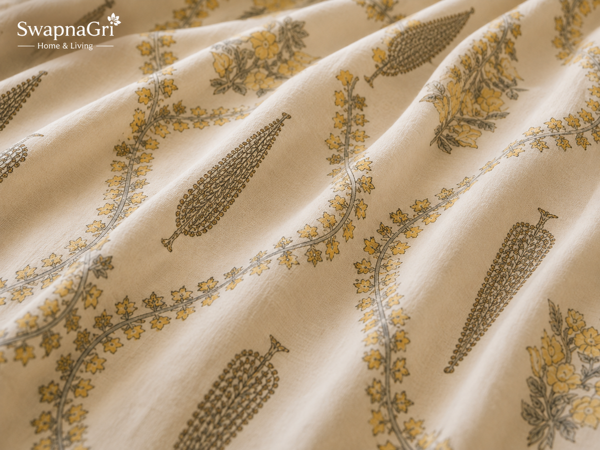 Detailed border and floral print of SwapnaGri cream cotton bedsheet
