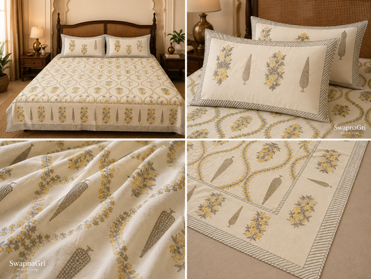 SwapnaGri cream mustard floral cotton super king bedsheet product collage